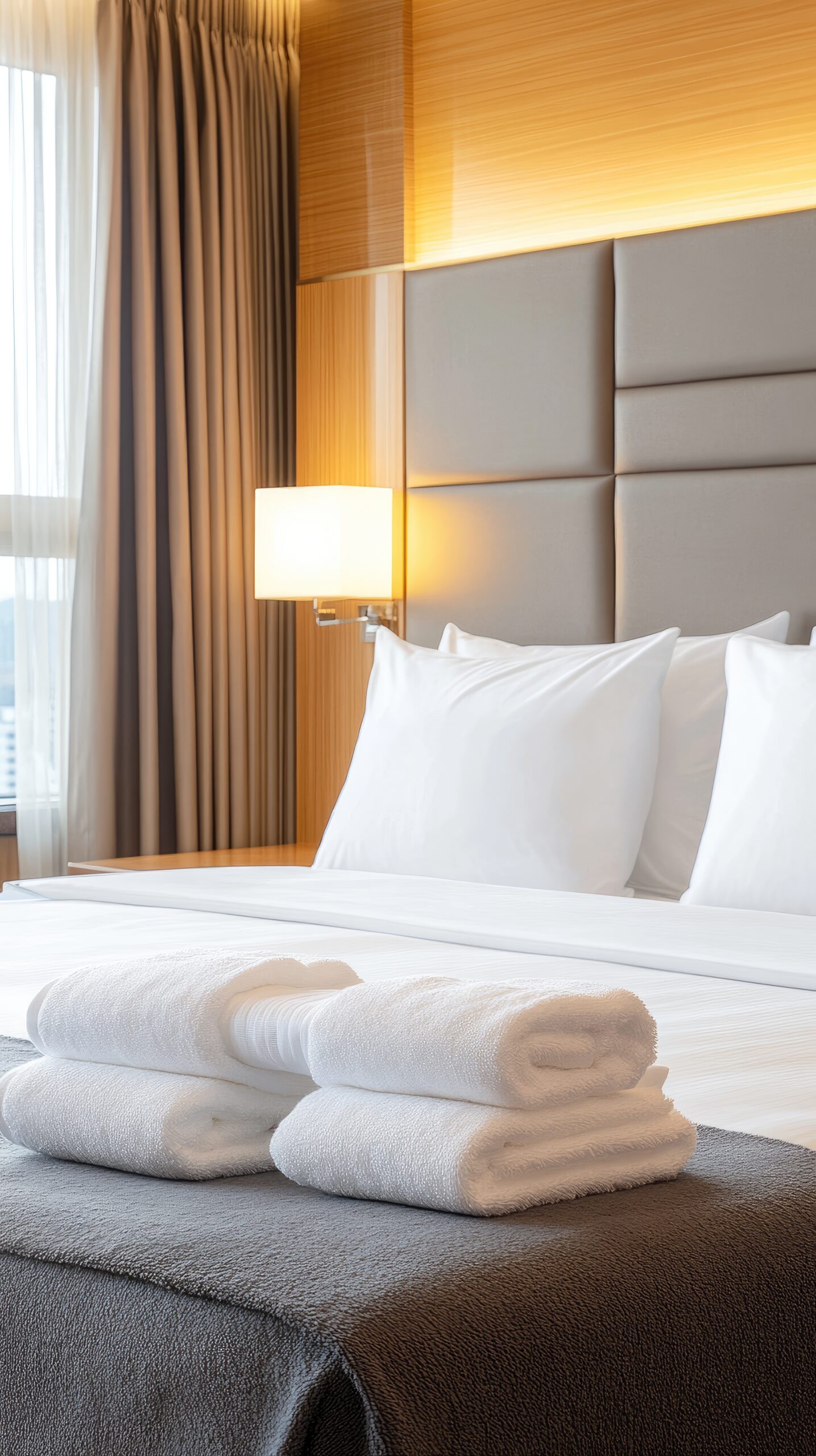 folded white and gray towels are positioned next to each other, complementing the elegant hotel decor and spa like ambiance
